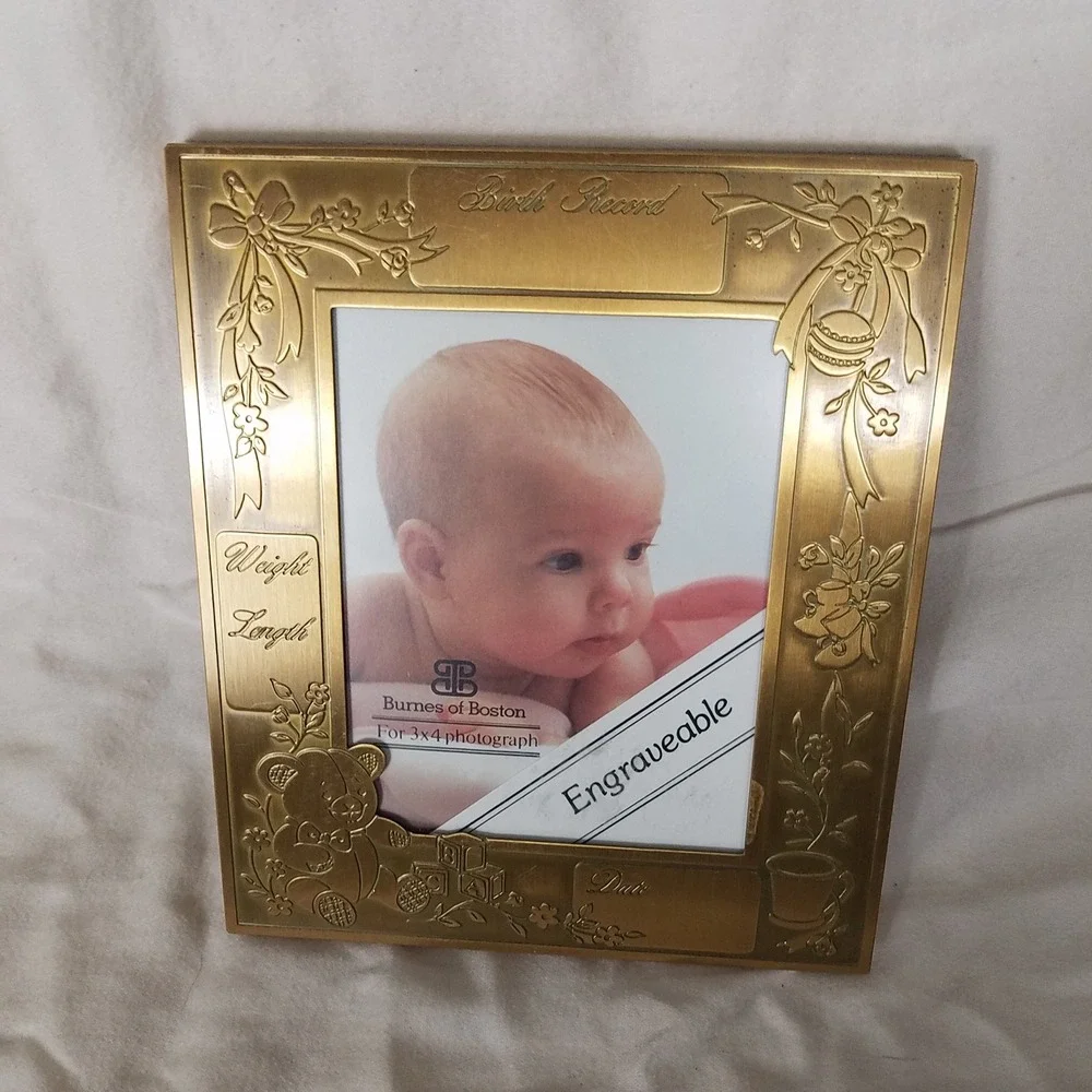 Burnes of Boston Birth Record Frame 3x4 Gold Excellent Engraveable Teddy Bear